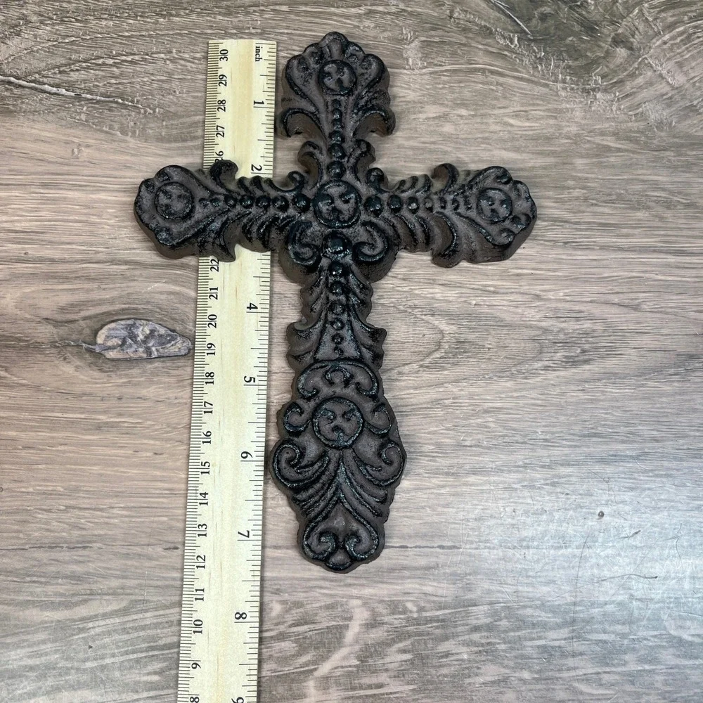 Cast Iron Wall Cross Ornate Fleur De Lis Scrollwork Rustic Church Heavy Set of 2